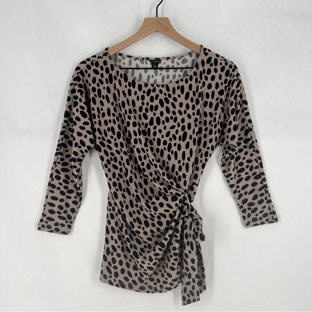 Ann Taylor Black & Tan Spotted Crepe Faux Wrap Dolman Sleeve Blouse Size XS
